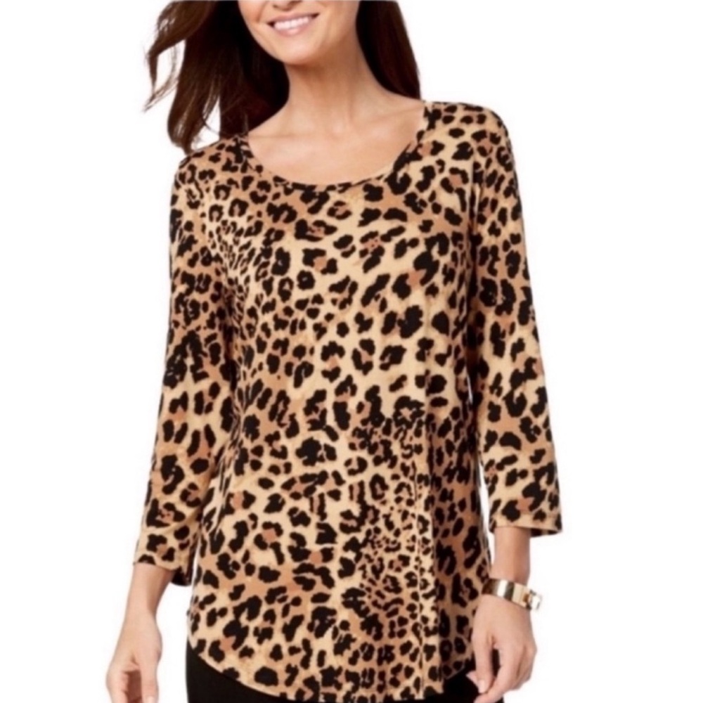 JM Collection Black and Brown Leopard Print Scoop Neck 3/4 Sleeve Top